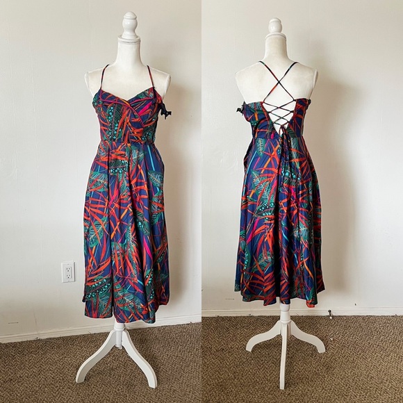 Vintage 80s Rare Joseph Magnin Palm Leaf Lace Up Back Midi Dress - Picture 1 of 10